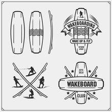 Wakeboarding Silhouettes, Labels And Design Elements. Set Of Emblems For Wakeboard Club And Print Design For T-shirt.