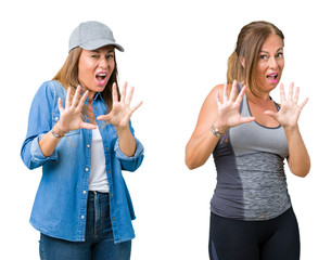 Wall Mural - Collage of beautiful middle age woman wearing sport outfit over isolated background afraid and terrified with fear expression stop gesture with hands, shouting in shock. Panic concept.