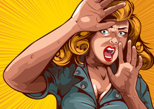 The Image Of A Woman Lifting Her Hand, Protecting Herself And Having Extreme Fear, Comic Cover Template On Yellow Background.
