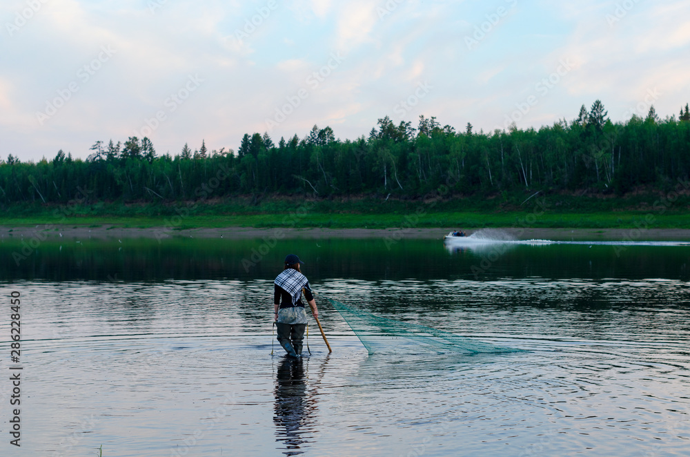 Dragnet Net Two men-Yakuts and graceful girl in a Shawl in the background of a boat ...