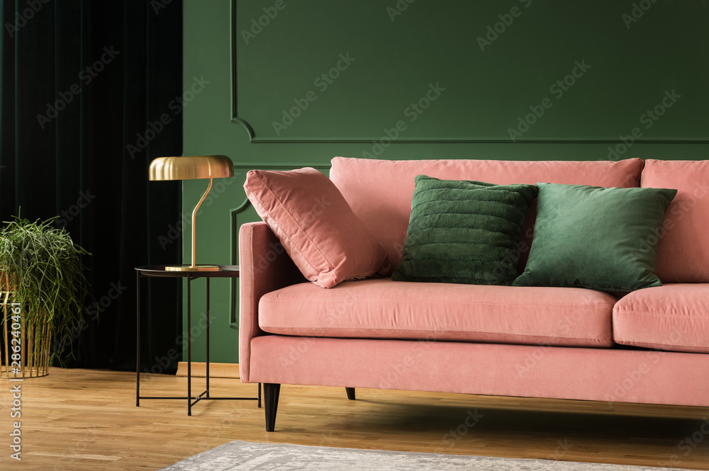 Living room glamour design, pink and green interior - obrazy, fototapety, plakaty 