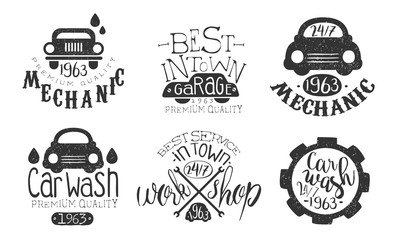 Sticker - Garage Best in Town Premium Quality Retro Labels Set, Car Wash Service Hand Drawn Badges Monochrome Vector Illustration