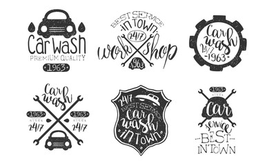 Wall Mural - Car Wash Best in Town Premium Quality Retro Labels Set, Workshop Service Hand Drawn Badges Monochrome Vector Illustration