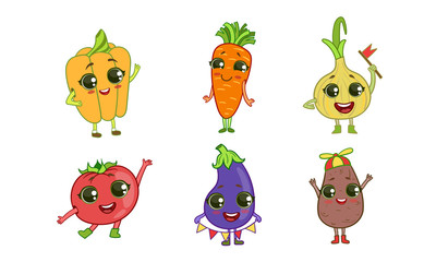 Sticker - Colorful Cute kawaii Vegetables Set, Vegetarian Food Characters with Funny Faces, Tomato, Eggplant, Potato, Pepper, Carrot, Onion Vector Illustration