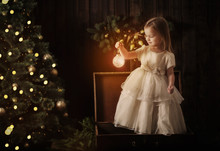 Little Girl In Dress With Christmas Tree In Retro Style
