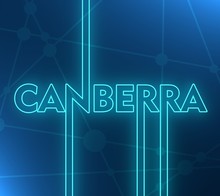 Image Relative To Australia Travel Theme. Canberra City Name In Geometry Style Design. Creative Vintage Typography Poster Concept. 3D Rendering. Neon Bulb Illumination
