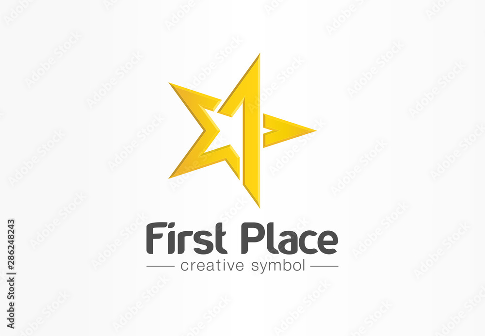 First place, contest winner, number one creative symbol concept. Award, prize, victory abstract business logo idea. Gold star trophy icon. Corporate identity logotype, company graphic design tamplate - obrazy, fototapety, plakaty 