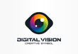 © Hilch - Digital vision, cyber eye, color lens creative symbol concept. Ophthalmology, security abstract business logo idea. Spectrum, rainbow icon. Corporate identity logotype, company graphic design tamplate