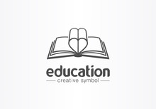 Education, Open Book With Heart Shape Creative Symbol Concept. Novel, Love Story, Affair Abstract Business Logo Idea. Learn, Read Icon. Corporate Identity Logotype, Company Graphic Design Tamplate