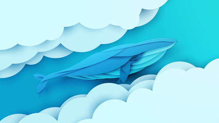 Sticker - Cartoon humpback whale flying in sky with clouds. Trendy paper cut craft graphic style. Vector illustration.