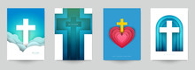 Set Of Creative Modern Religious Concept With Christian Cross. Template Background For Covers, Invitations, Posters, Banners, Flyers, Placards. Colorful Vector Illustration.