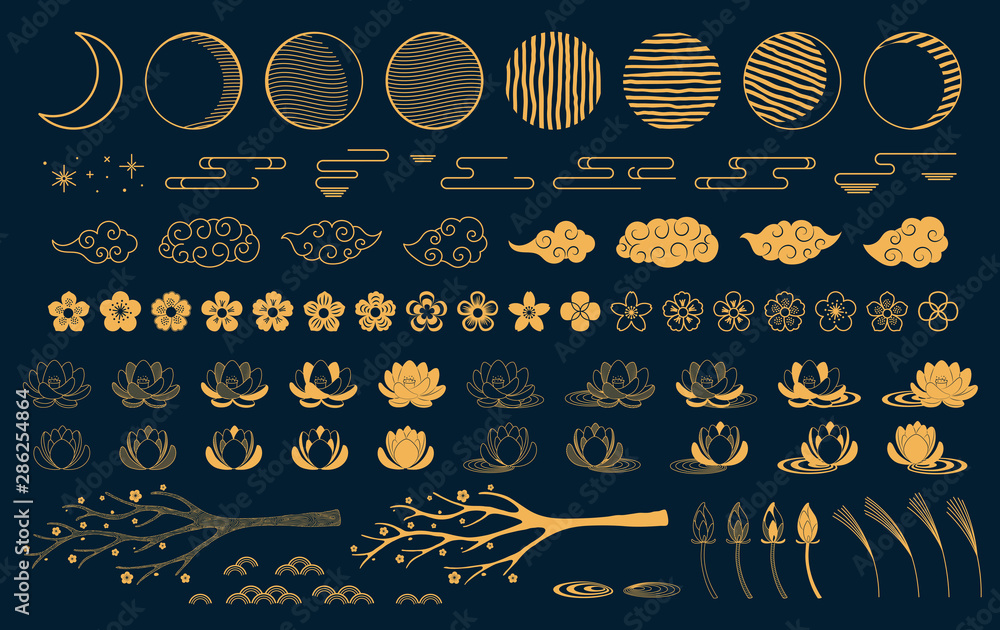 Collection of gold decorative elements in oriental style with moon, stars, clouds, tree branch, lotus flowers, grass, for Chinese New Year, Mid Autumn Festival. Isolated objects. Vector illustration. - obrazy, fototapety, plakaty 