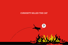 Curiosity Kills The Cat. Vector Artwork Showing A Cat Jump Into A Fire And Killing Itself Because It Is Curious And Want To Know What Fire Is.