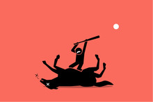 Don't Beat A Dead Horse. Vector Artwork Showing A Man Beating An Already Dead Horse With A Stick. Concept Of Waste Of Time, No Result, Useless, And Impossible.