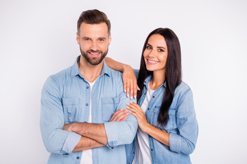 Portrait of his he her she nice-looking shine attractive lovely tender cheerful cheery content glad persons soulmate spending time date isolated over light white pastel background