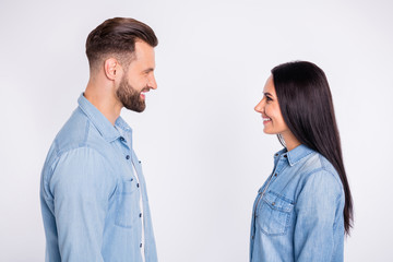 Canvas Print - Profile side view portrait of his he her she nice attractive lovely lovable charming cute cheerful cheery persons first date meet connection communicate isolated over light white pastel background