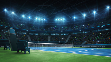 Wall Mural - Blue tennis court and illuminated indoor arena with fans, court corner view, professional tennis sport 3d illustration background