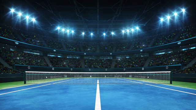 Wall Mural -  - Blue tennis court and illuminated indoor arena with fans, player front view, professional tennis sport 3d illustration background