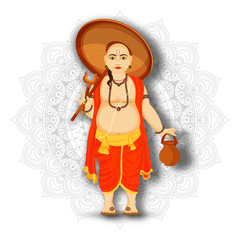 Canvas Print - Illustration of Vamana character holding umbrella on mandala pattern background for Happy Onam Festival celebration.