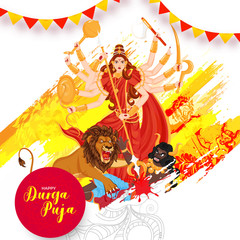 Wall Mural - Illustration of Hindu Mythological Goddess Durga attack demon with lion on brush stroke effect background for Happy Durga Puja celebration concept.