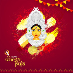 Canvas Print - Happy Durga Puja greeting card design with illustration of Goddess Durga Face on red hindi text Maa Durga background.