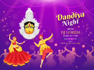 Canvas Print - Dandiya Night DJ party banner or poster design, illustration of couple dancing with dandiya stick on shiny purple bokeh lighting background for Shubh Navratri celebration concept.