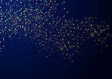 Abstract Falling Particles Golden Glitter Lights Texture On A Dark Blue Background With Lighting.