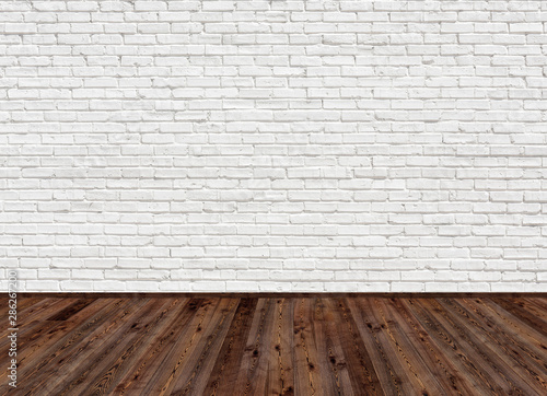 Empty Living Room With Dark Brown Vintage Oak Wooden Floor And Old