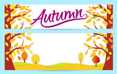 Wall Mural - Set Bright autumn banners. gold autumn forest. With text - Autumn Sale up to 50 . Vector illustrations for flyers, leaflet, web.