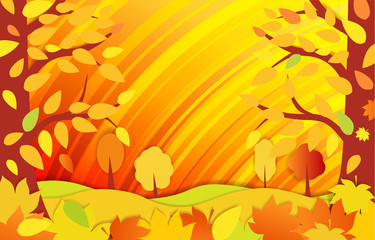 Wall Mural - Horizontal bright autumn background. Autumn forest with falling leaves. place under text for flyers, leaflet, web.