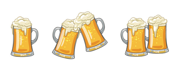 Glass or ceramic mugs filled of golden light beer with overflowing froth heads. Isolated on white background, for brewery emblem or beer party design