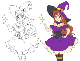 Pretty young witch. Announce Halloween Party. Hand drawn retro anime girl