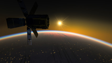 Wall Mural - meteorological satellite flying over areas of the amazon forest covered by huge fires - 3d illustrat