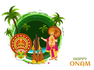 Wall Mural - Happy Onam poster or banner design with illustration of Kathakali dancer face, King Mahabali and Thrikkakara Appan on green circular abstract background.