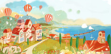 Sweet, Small Towns, Hydrogen Balloons, Shorelines, Houses, Gardens, Parks, Cities, Towns, Illustrations, Fairy Tales, Fantasies, Dreams, Fantasies,