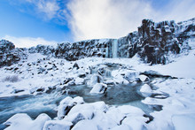 Oxararfoss Waterfall During The Winter, Iceland