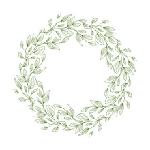 Frame Of Wreath With Leaves And Branches. Decor Design With Copyspace Isolated On White. Sketched Floral And Herbs Garland. Handdrawn Vector Style, Nature Illustration