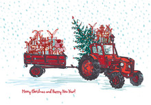 Festive New Year And Merry Christmas Card. Red Tractor With Fir Tree Decorated Red Balls And Holiday Gifts White Snowy Seamless Background