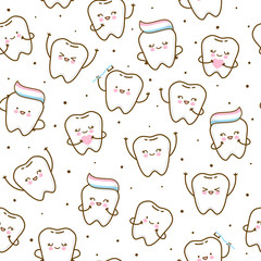 Seamless pattern with cute teeth isolated on white background - for kid dental design