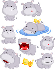 a vector of a cute hippo in many poses