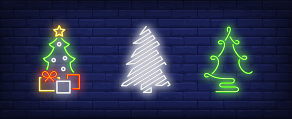 Wall Mural - Stylized Christmas fir-trees neon signs set