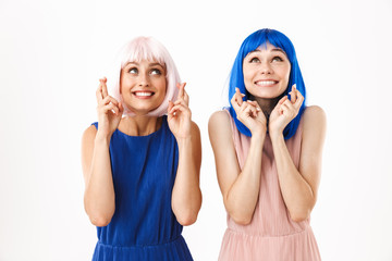 Wall Mural - Portrait of two smiling women wearing blue and pink wigs holding fingers crossed for good luck