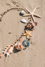 View Of Drawn Love Heart Symbol On Sand Beach