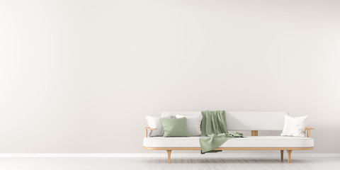 White, empty wall mock up in Scandinavian style interior with white couch. Minimalist interior design. 3D illustration.