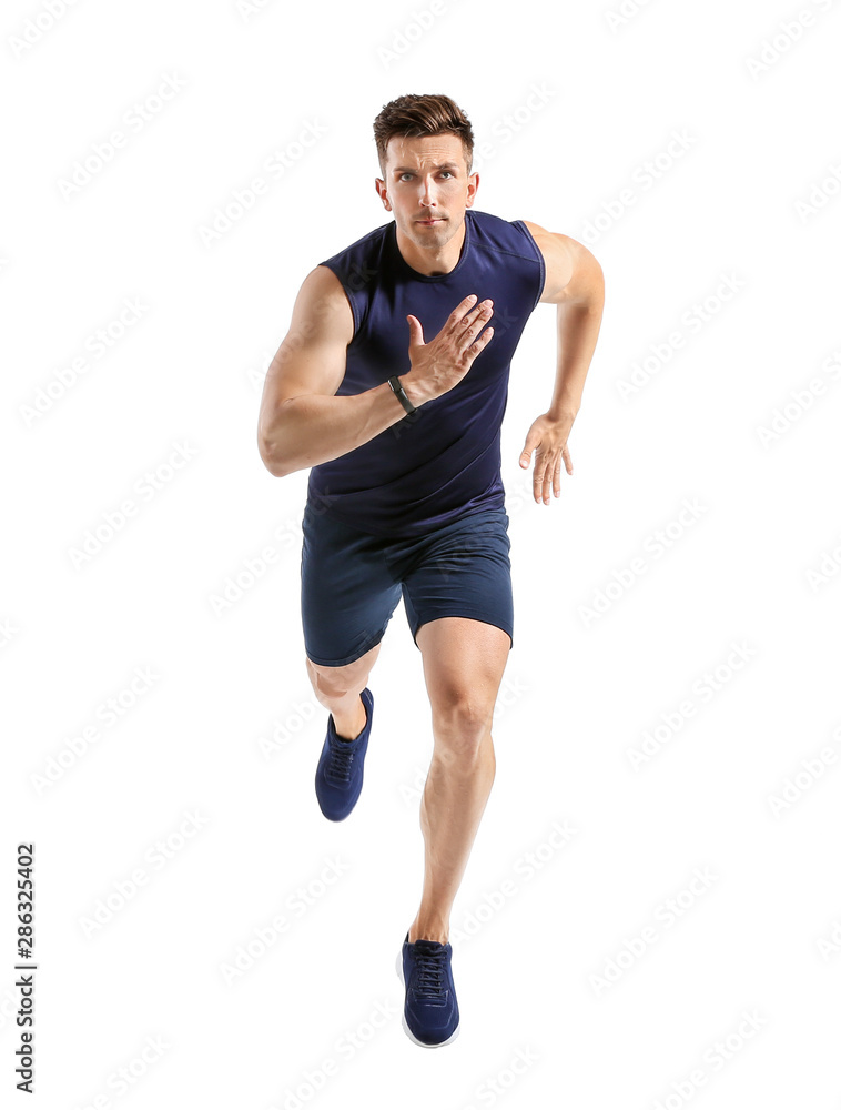 Running young man on white background