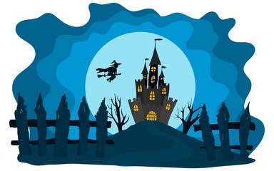 Wall Mural - Halloween castle on a blue background moon witch