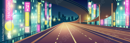 Cuadros en Lienzo Night metropolis empty, four-lane highway, freeway road illuminated with restaurants, hotel, road and karaoke bar neon colors signboards cartoon vector background
