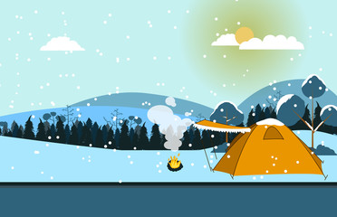 flat vector illustration of camping tent outdoor park at winter season