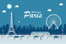 Illustration Eiffel Tower Landmarks Of Paris. Paper Cut Style