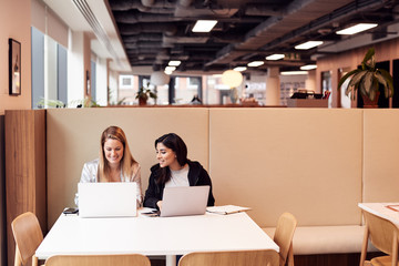 Two Young Businesswomen In Meeting Around Table In Modern Open Plan Workspace